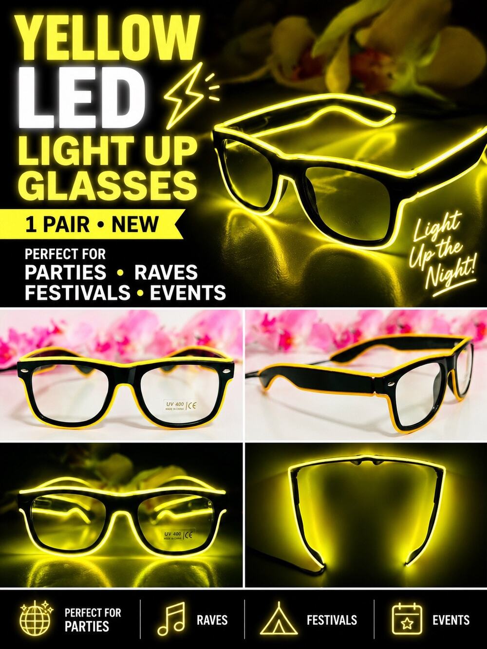 Yellow LED Light Up Glasses Black Frame UV400 Rave Festival Party